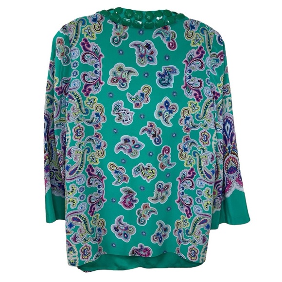 Tibi - Women’s Vintage Blouse, Paisley Silk Beading Tunic V-Neck - Green, Size 4 - Picture 10 of 16